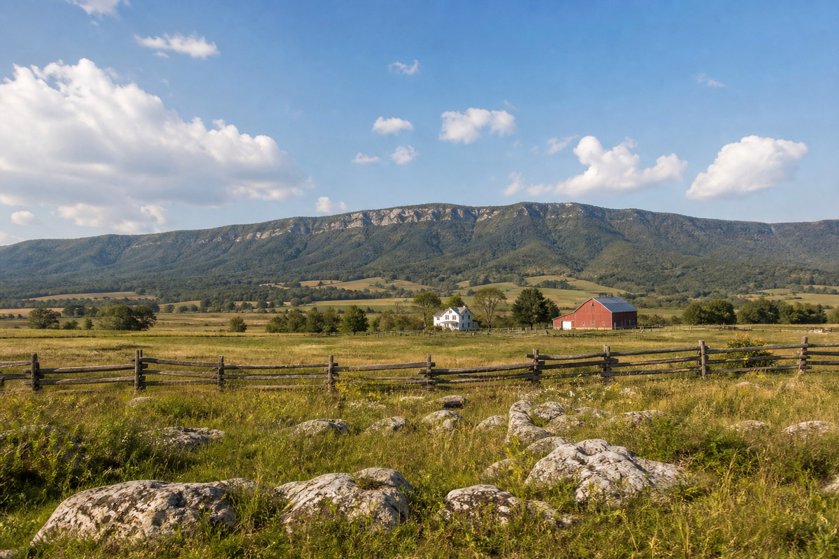 Farm fields and a red bank barn on the Shenandoah Valley floor with the Massanutten ridge behind
